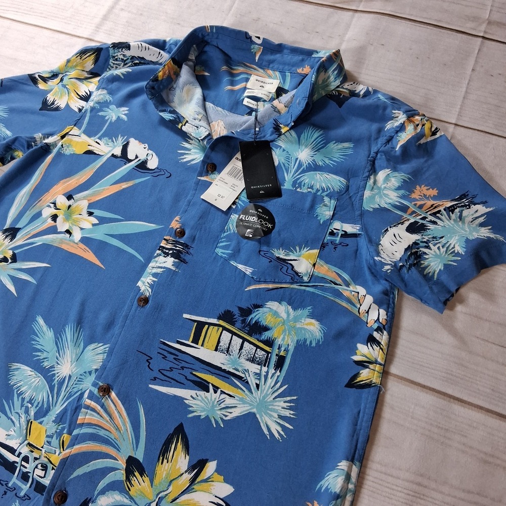 Quiksilver Fluidlook Mens S Blue Tropical Palm Print Short Sleeve Shirt NWT